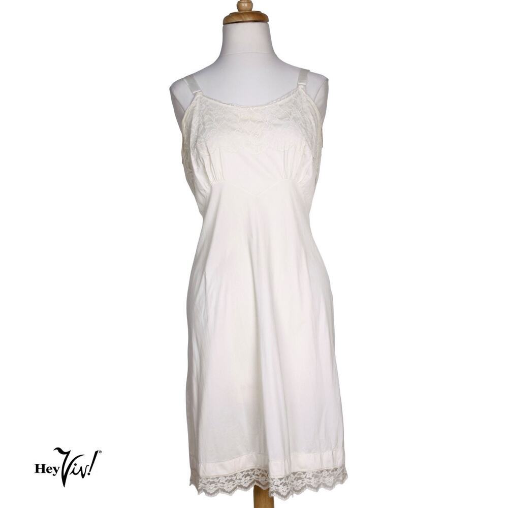 Vintage Ivory Full Slip Size 38 Reg Lace Trim Nylon Lingerie Dress Slip- Hey Viv